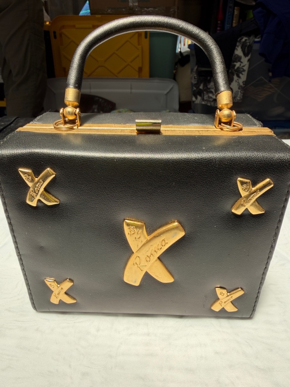 Black Mini Box Handbag with Gold Accent Xs